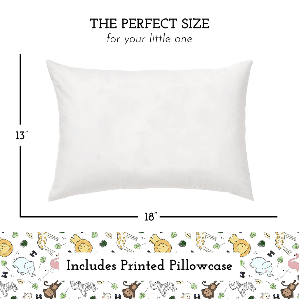 Toddler Bed Pillow with Cotton Pillow Case – 13x18 Kids Pillows for Sleeping, School, Travel & Daycare – Hypoallergenic Toddler Pillow 2 Year Old to 5 with Envelope Pillowcase (Safari)