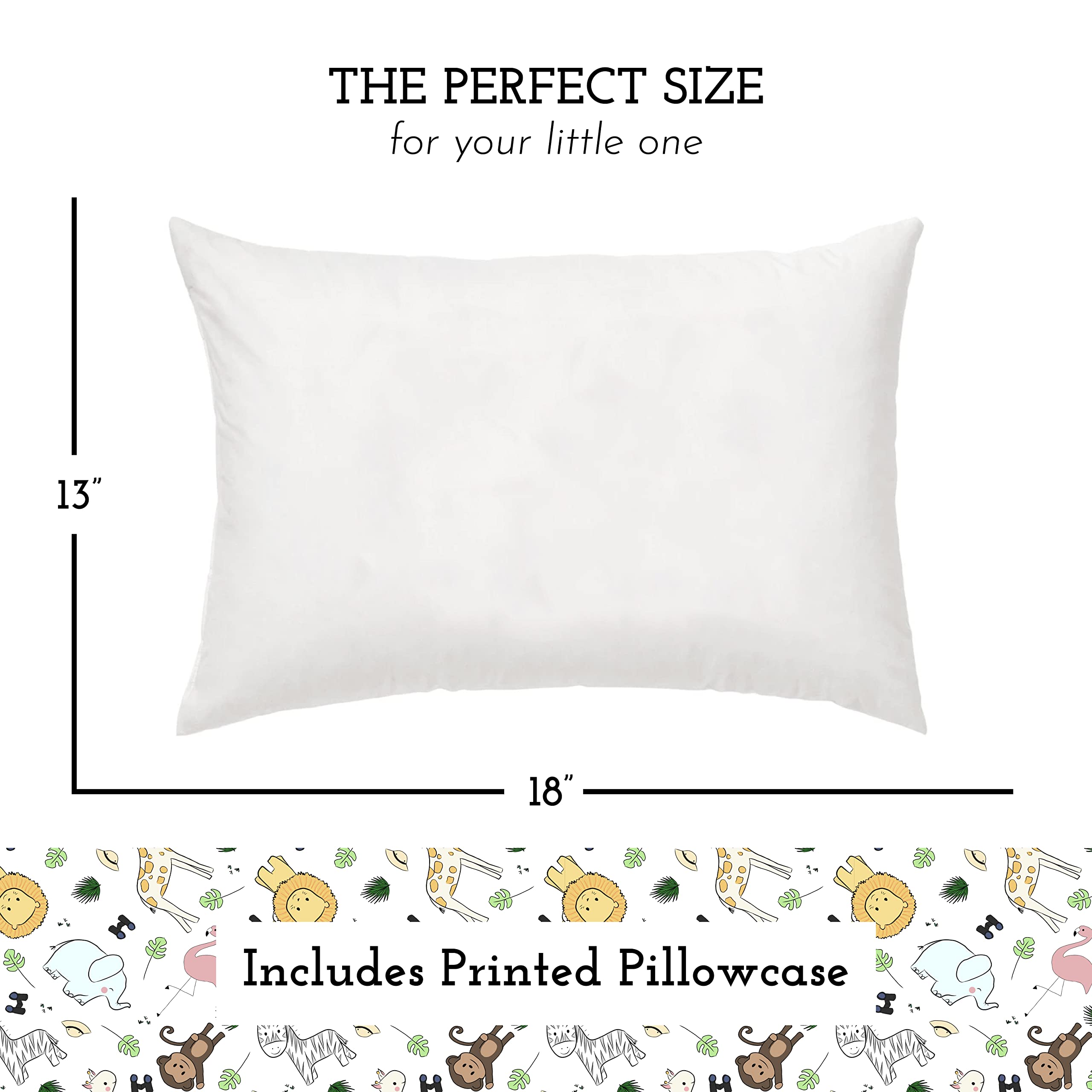 Toddler Bed Pillow with Cotton Pillow Case – 13x18 Kids Pillows for Sleeping, School, Travel & Daycare – Hypoallergenic Toddler Pillow 2 Year Old to 5 with Envelope Pillowcase (Safari)