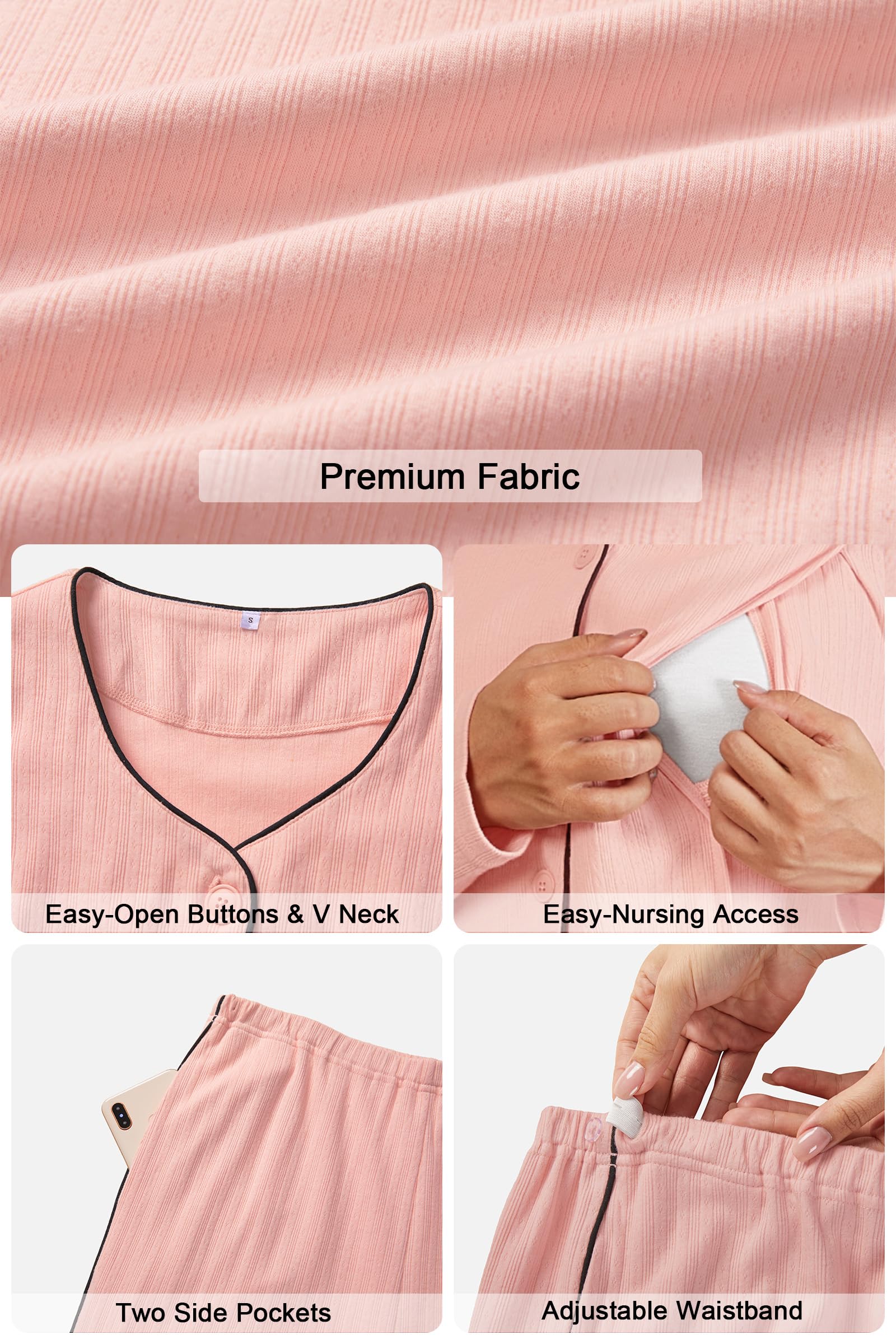 OUGES Maternity Nursing Pajamas Lounge Sets Postpartum Outfits for Women 100% Cotton Button Down V Neck Breastfeeding Sleepwear Set Maternity Clothes Pink Top & Long Pants with Pockets(Pink,S)