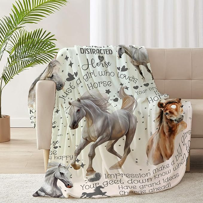 Horse Blanket for Teen Flowers Animals Throw Blanket Gifts for Girls Boys Soft Throws Blankets All Seasons 50×60 Inches for Bed Office