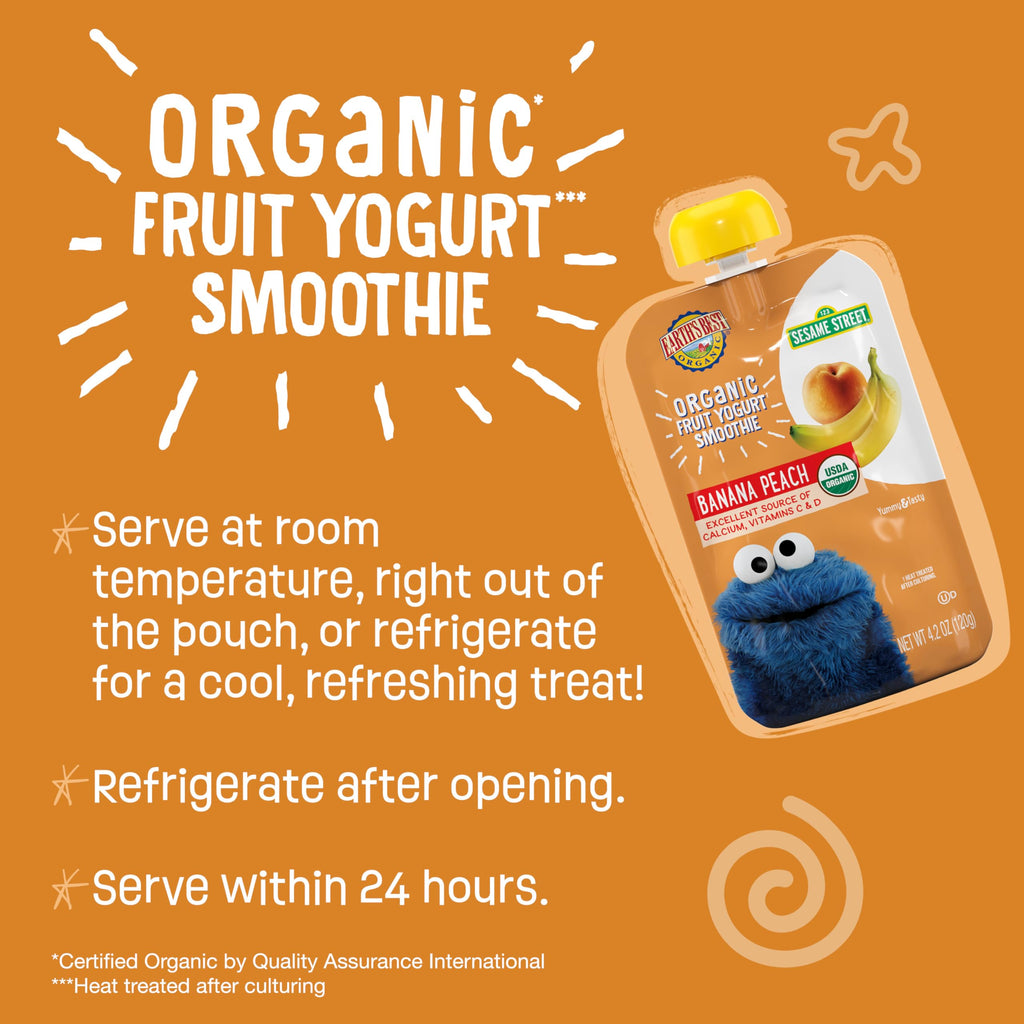 Earth's Best Organic Yogurt Smoothie Pouches, 24+ Months, Fruit Yogurt Smoothie for Toddlers 24 Months and Up, Banana Peach, 4.2 Ounce Resealable Pouch (Pack of 12)