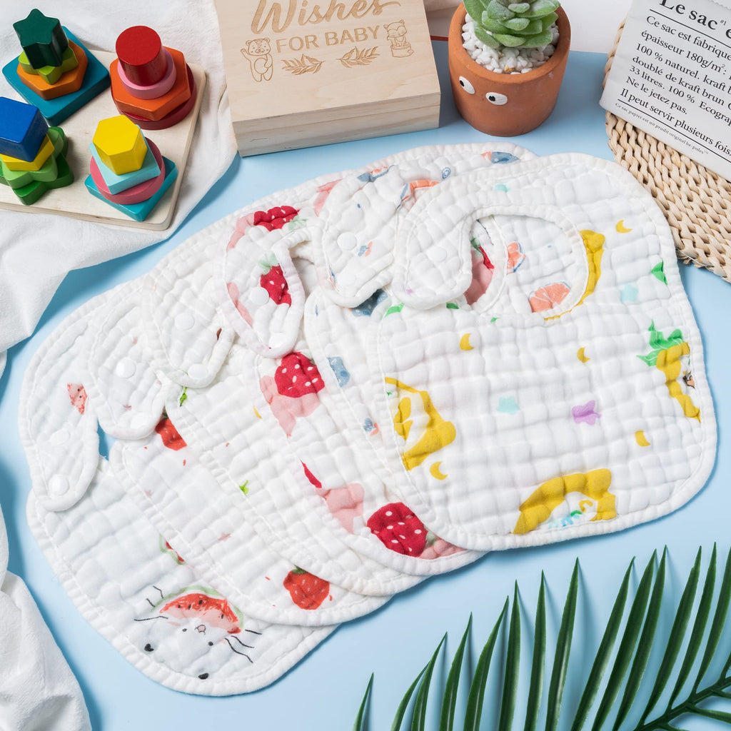 Zainpe 6Pcs Snap Muslin Cotton Baby Bibs Summer Strawberry Lemon Pattern Infants Feeding Bib Adjustable Machine Washable Unisex Burp Cloths with 6 Absorbent & Soft Layers for Drooling and Teething