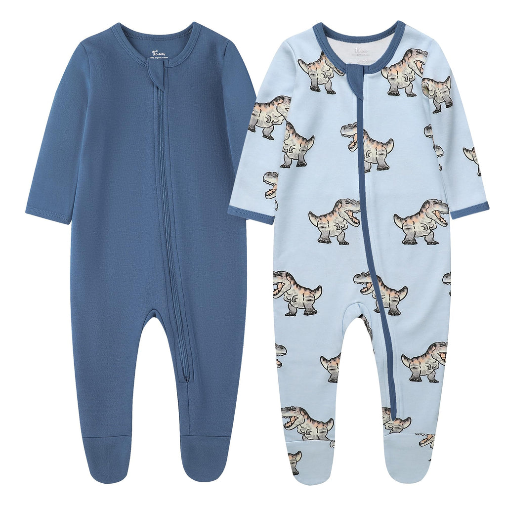 O2 BABY Baby Boys Girls Organic Cotton Zip Front Sleeper Pajamas, Footed Sleep 'n Play（3-6 Months, Dragon & Blue Ashes）