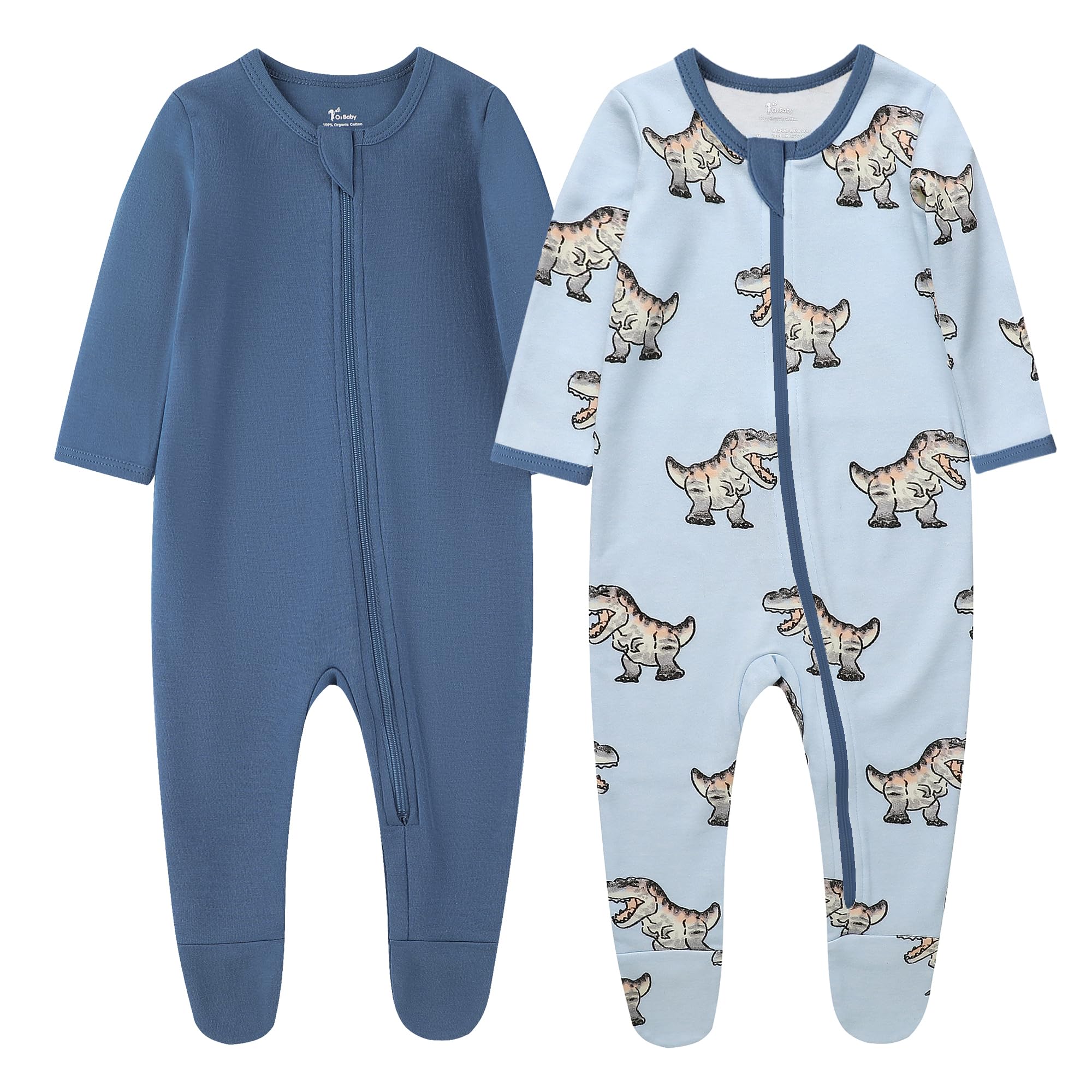 O2 BABY Baby Boys Girls Organic Cotton Zip Front Sleeper Pajamas, Footed Sleep 'n Play（3-6 Months, Dragon & Blue Ashes）