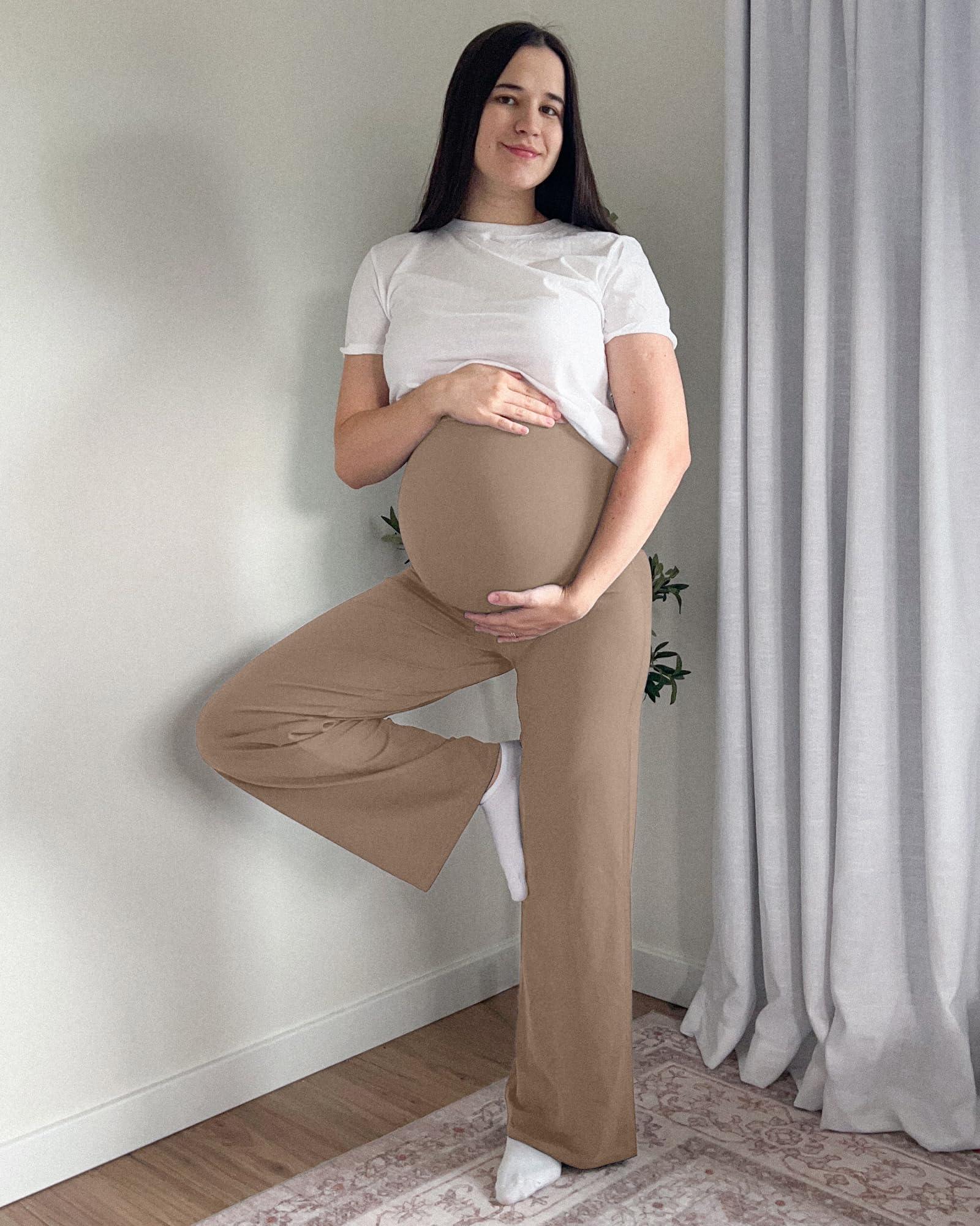 G4Free Maternity Clothes Prenancy Pants Wide Leg for Work,Toffee,XS,Tall