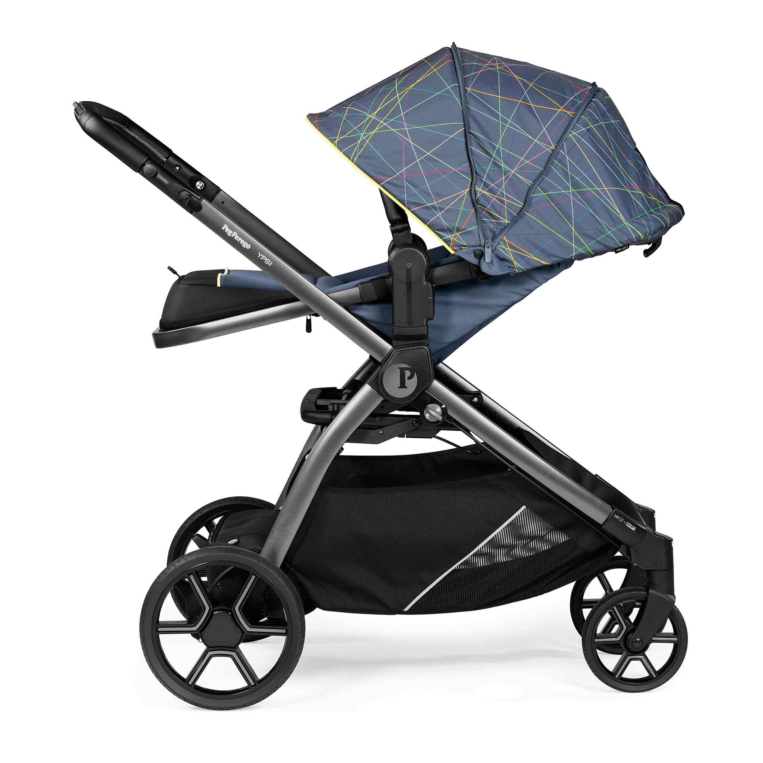 Peg Perego Ypsi – Compact Single to Double Stroller – Compatible with All Primo Viaggio 4-35 Infant Car Seats & Ypsi Bassinets - Made in Italy - New Life (Blue) Innovative Eco-Sustainable Fabric
