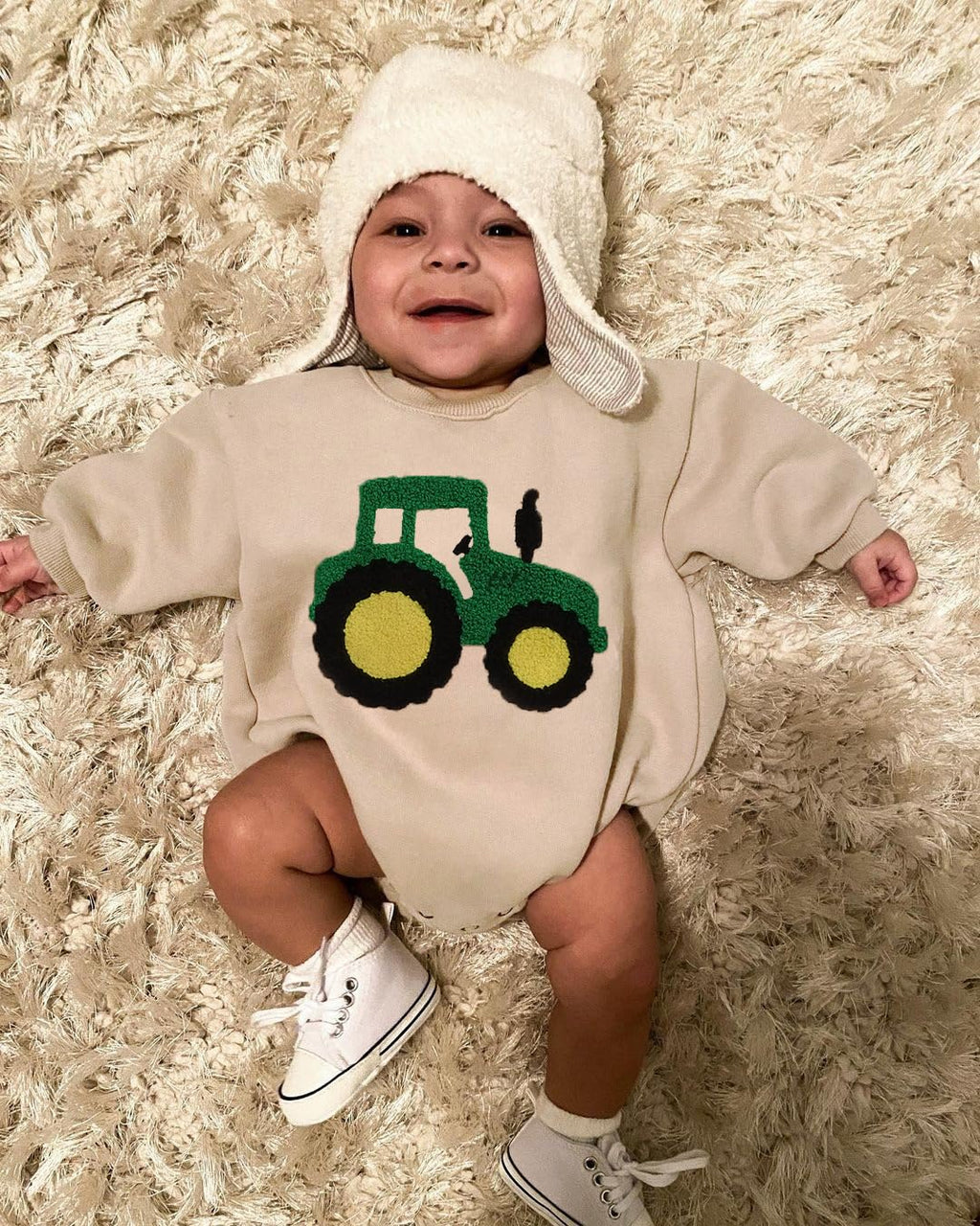 VISGOGO Newborn Infant Baby Boy Oversized Romper Sweater Bodysuits Coming Home Outfit Neutral Clothes (Beige-Tractor, 0-3 Months)
