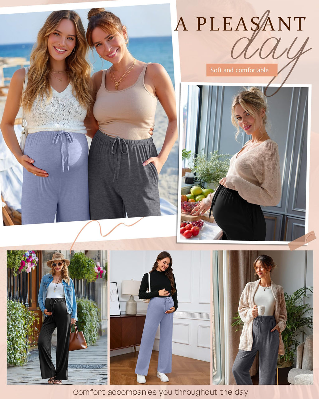 Sweetyweee 3 Pack Maternity Wide Leg Lounge Pants, 3-Color, Medium