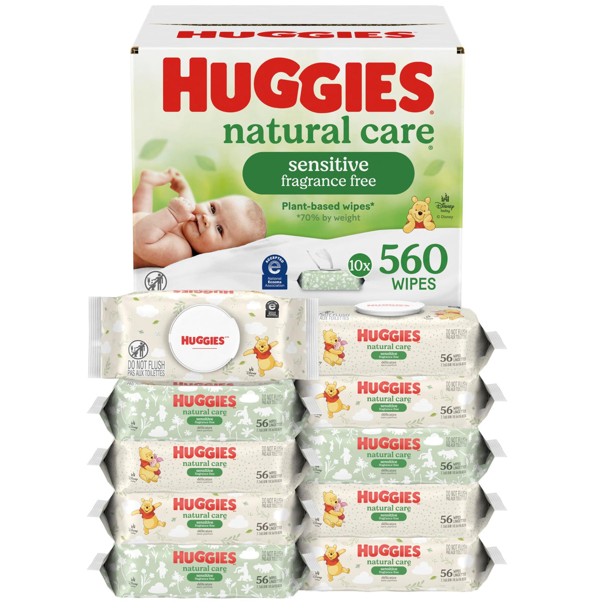 Huggies Natural Care Sensitive Baby Wipes, Unscented, Hypoallergenic, 99% Purified Water, 9 Flip-Top Packs (3 packs of 3), 504 Total Wipes (56 Wipes per pack), Packaging May Vary
