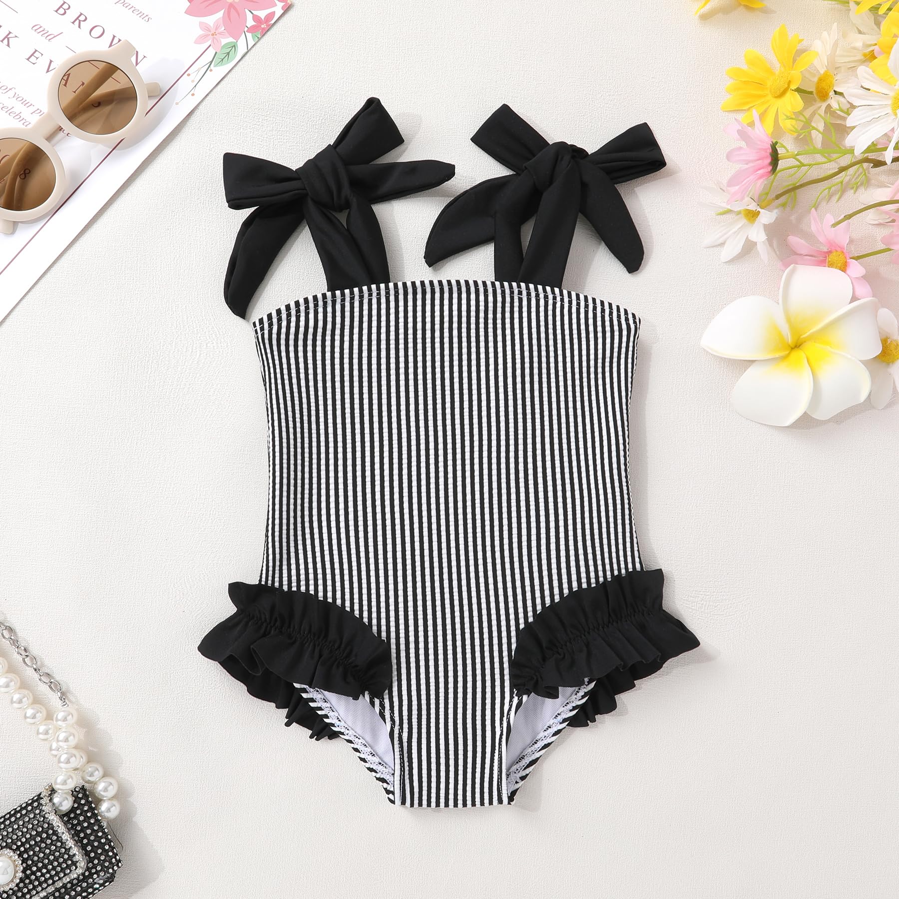 Happy Town Toddler Swimsuit Girl Solid Color Stripe One-Piece Baby Bathing Suits (Black Stripe, 4-5 Years)