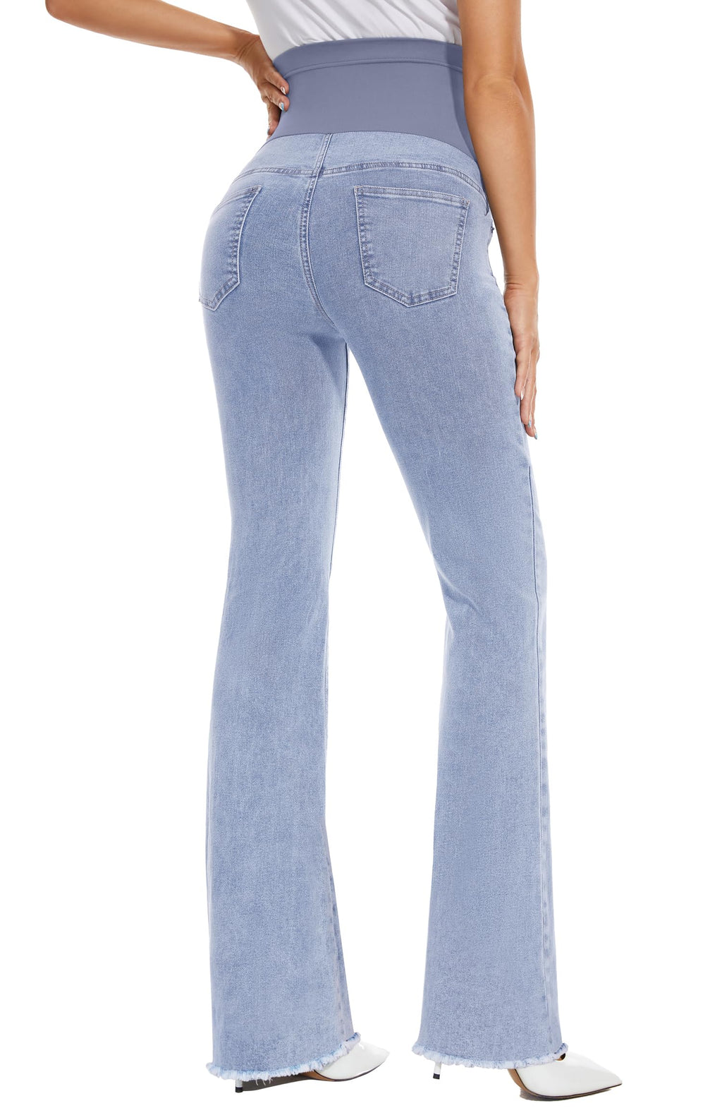 GLAMIX Women's Stretch Maternity Bootcut Jeans with Pockets Over The Belly Bell Bottoms Flare Denim Pants Pregnancy Clothes(Light Blue (Frayed Hem), M)