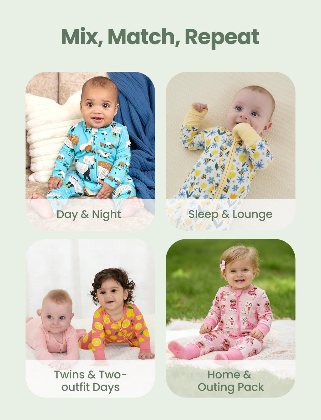 PATPAT 2-Pack Bamboo Viscose Baby Footie, with Anti-Slip Grips Green Meadow Newborn
