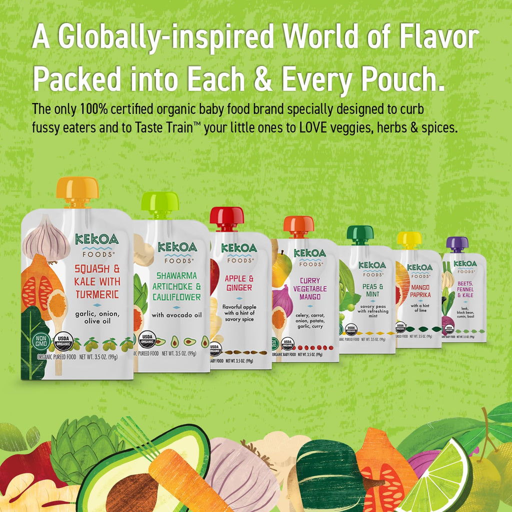 Kekoa Foods Squash & Kale with Turmeric Baby Food Purée | 100% USDA Certified-Organic Vegetarian Squeeze Pouch | Organic, Non-GMO, Gluten-Free, Vegan | Nutritious First Food for Babies | 3.5 oz