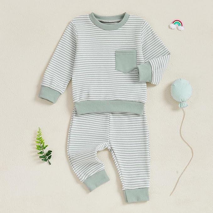 Toddler Baby Boy Fall Clothes Waffle Outfit Long Sleeve Color Blocking Sweatshirt Pullover Jogger Pant Set