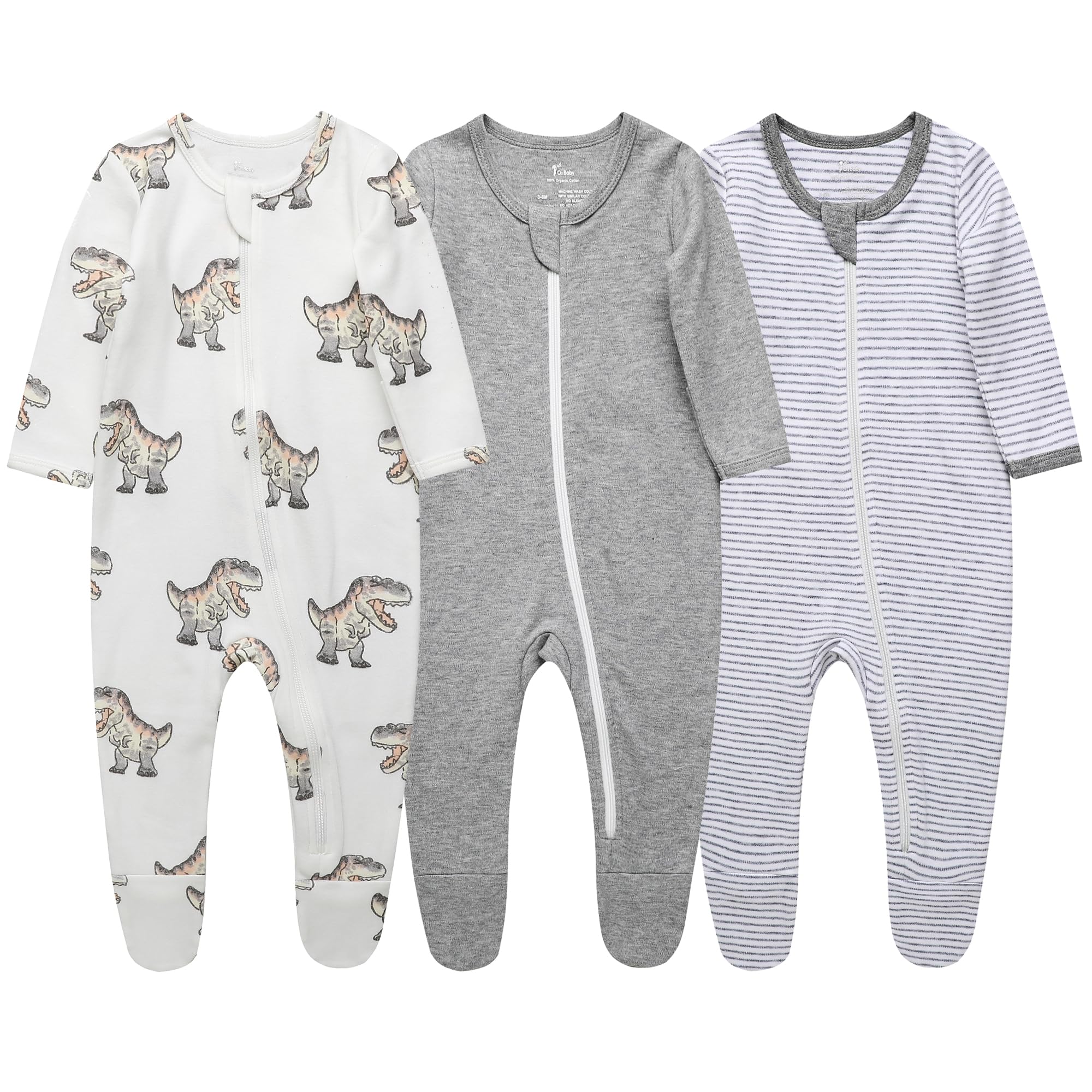 O2 BABY Baby Boys Girls Organic Cotton Zip Front Sleeper Pajamas, Footed Sleep 'n Play（12-18 Months, Dragon & Strips & Grey Melange）