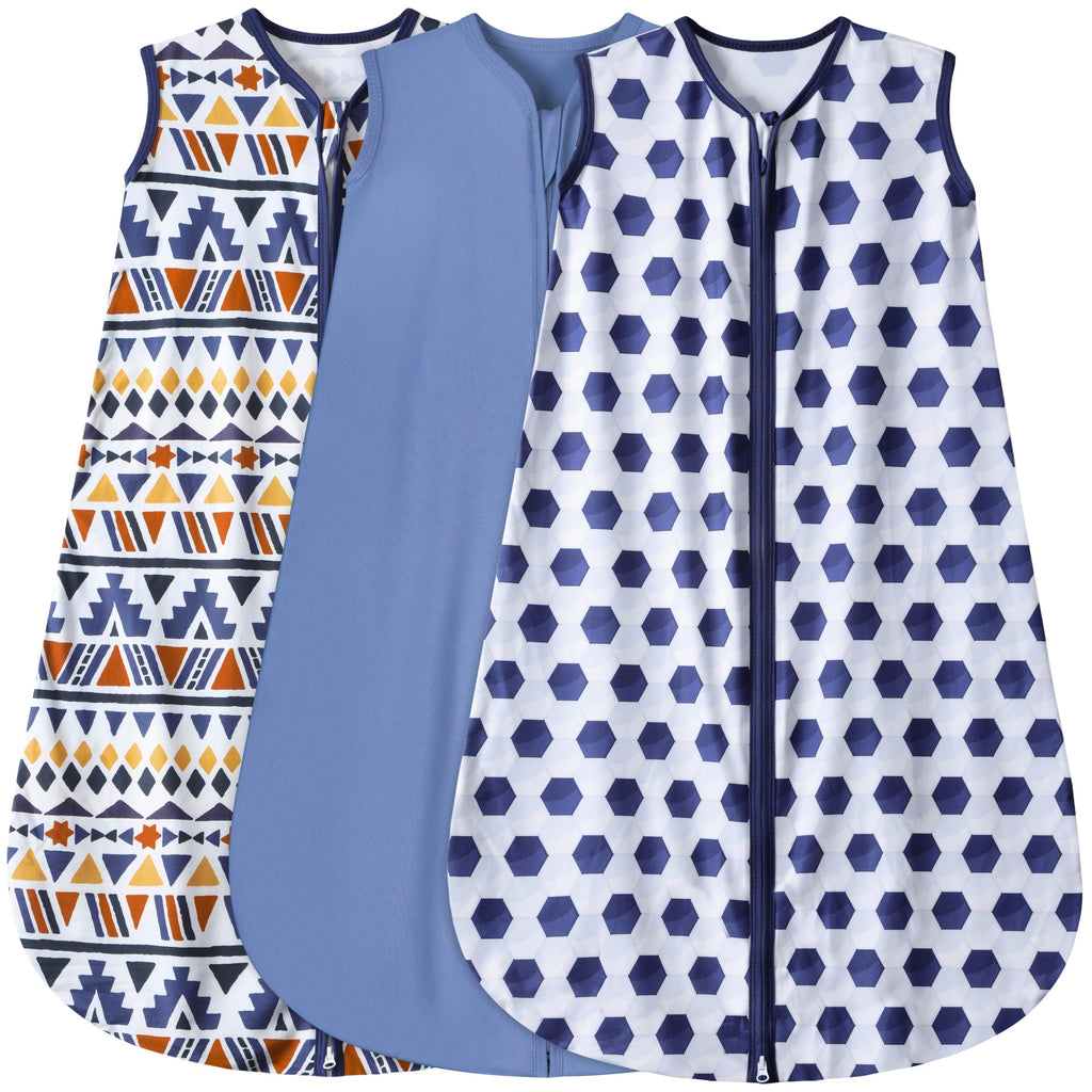 BSTOPPT 3 Pack Baby Sleep Sack 100% Rayon Cotton Baby Sleeping Bag 2-Way Zipper Toddler Wearable Blankets TOG 0.3. (Soccer&Triangles&Blue, 6-12 Months)
