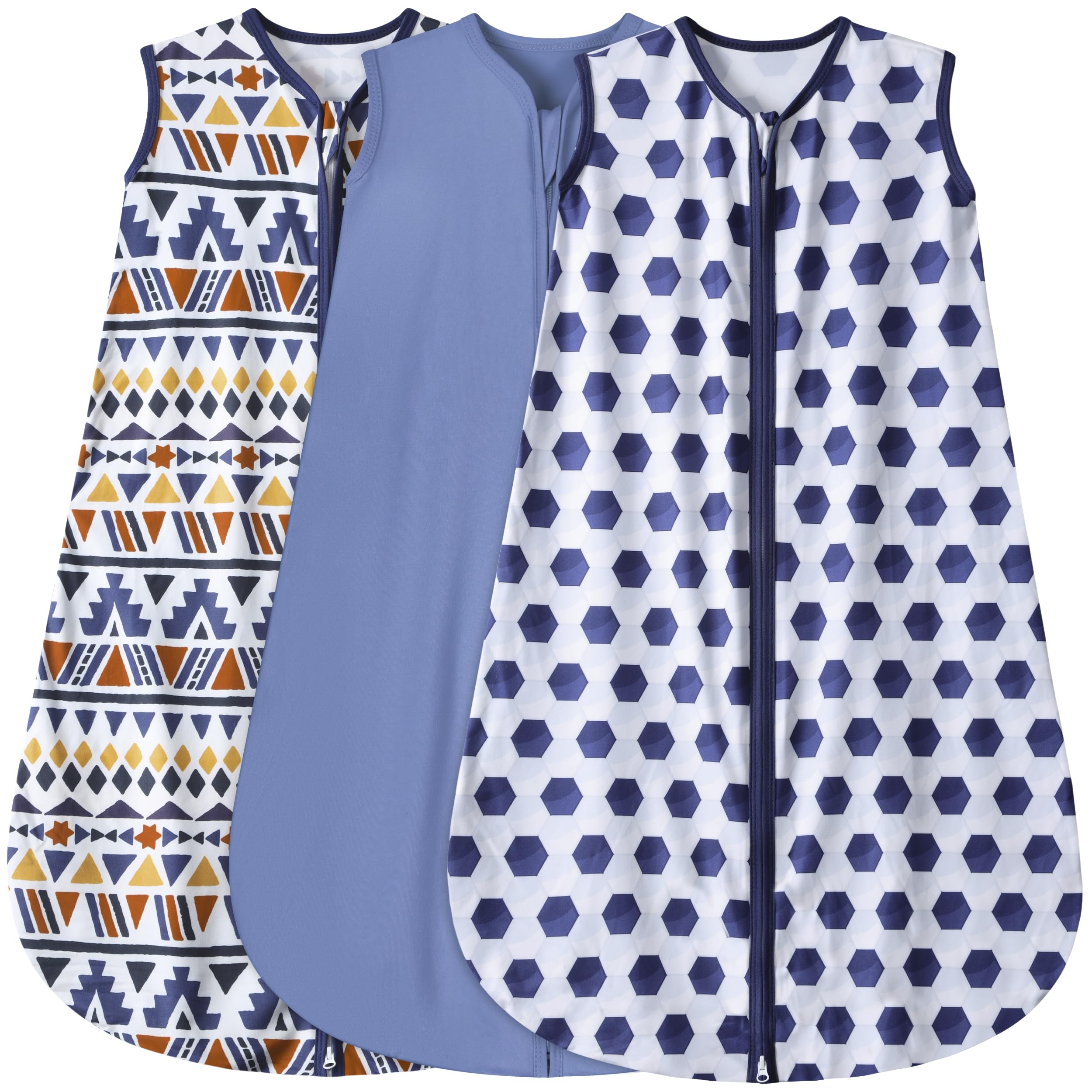 BSTOPPT 3 Pack Baby Sleep Sack 100% Rayon Cotton Baby Sleeping Bag 2-Way Zipper Toddler Wearable Blankets TOG 0.3. (Soccer&Triangles&Blue, 6-12 Months)
