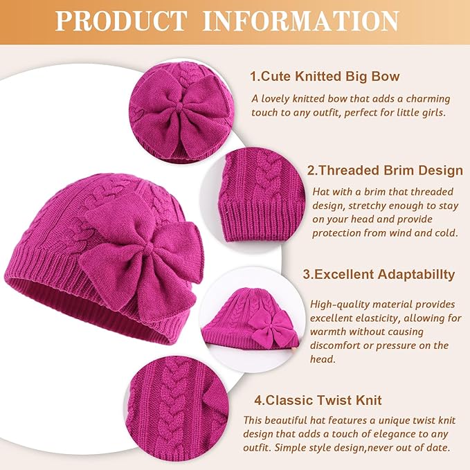 JANGANNSA Winter Warm Knitted Baby Hat for Girls Cotton Lined Infant Toddler Hat Autumn Cute Bow Classic Girls Beanie 0-6Y