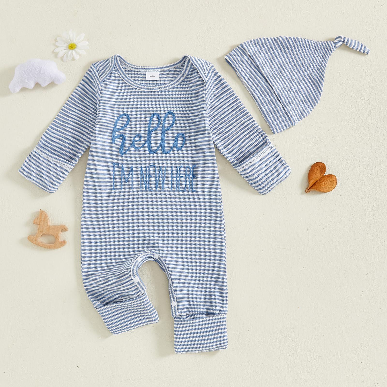 Fernvia Newborn Baby Boy Clothes Letters Print Bodysuit 3 6 9 12 18 Months Long Sleeve Jumpsuit with Hat 2PCS Outfits Set (D Blue, 3-6 Months)