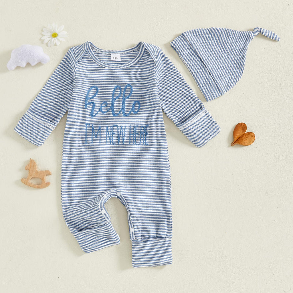 Fernvia Newborn Baby Boy Clothes Letters Print Bodysuit 3 6 9 12 18 Months Long Sleeve Jumpsuit with Hat 2PCS Outfits Set (D Blue, 3-6 Months)