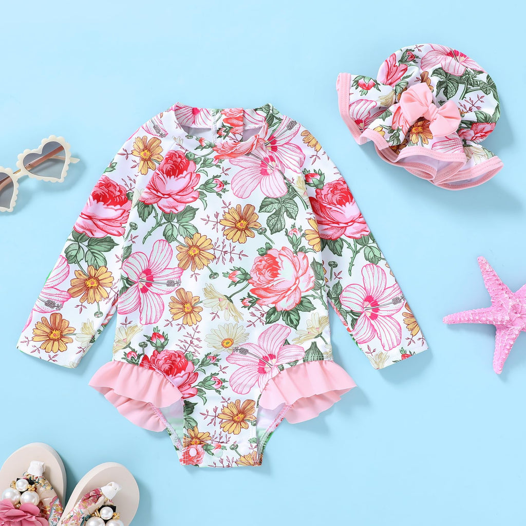 Infant Baby Girl Swimsuit One-Piece Long Sleeve Rash Guard with Hat Set Floral Zipper Bathing Suit Leopard Beach Wear(Flower 12-18 Months)