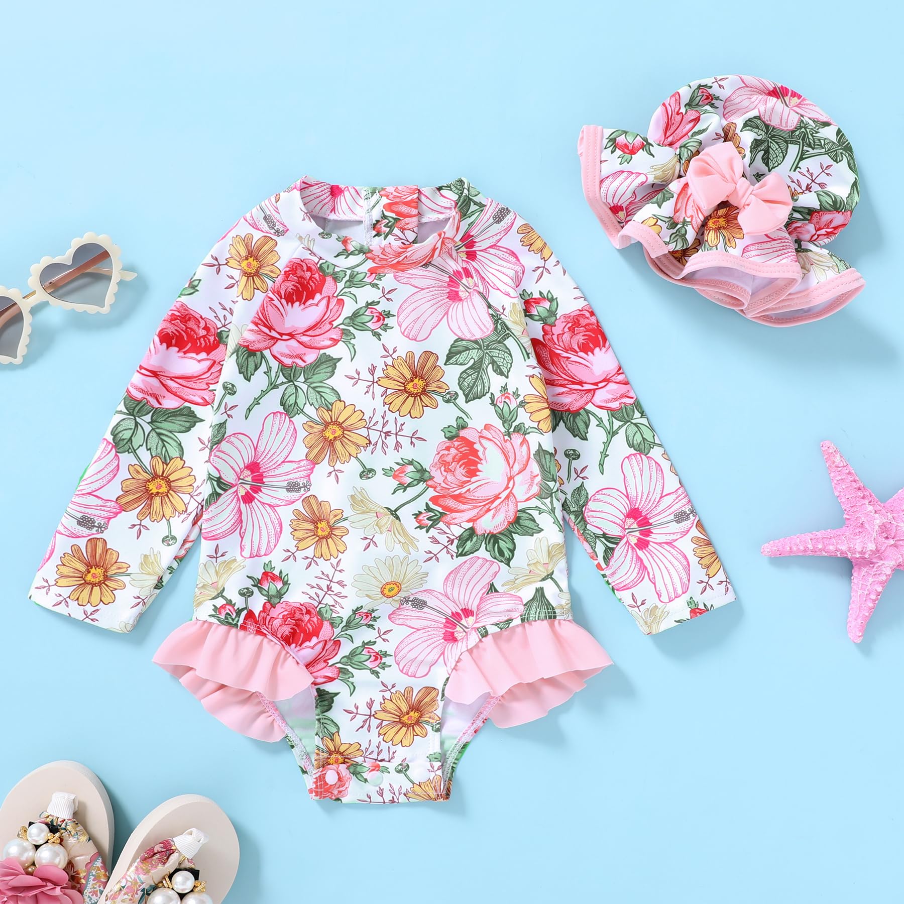 Infant Baby Girl Swimsuit One-Piece Long Sleeve Rash Guard with Hat Set Floral Zipper Bathing Suit Leopard Beach Wear(Flower 12-18 Months)
