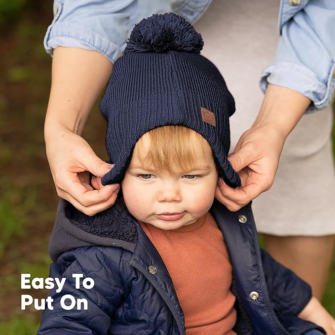 Baby Beanies, Baby Hats for Boys, Girls - Cute Toddler Winter Hat, Soft & Stretchy Beanies for Infant, Newborn 6-36 months, Cozy & Warm with Earflap Muff & Pom (Cream)