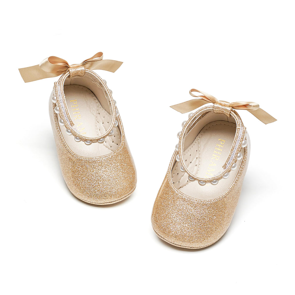 PHIRAMIN Baby Girls Glitter Gold Mary Jane Flats - Infant 6-9 Months Walking Shoes Soft Rubber Sole Princess Wedding