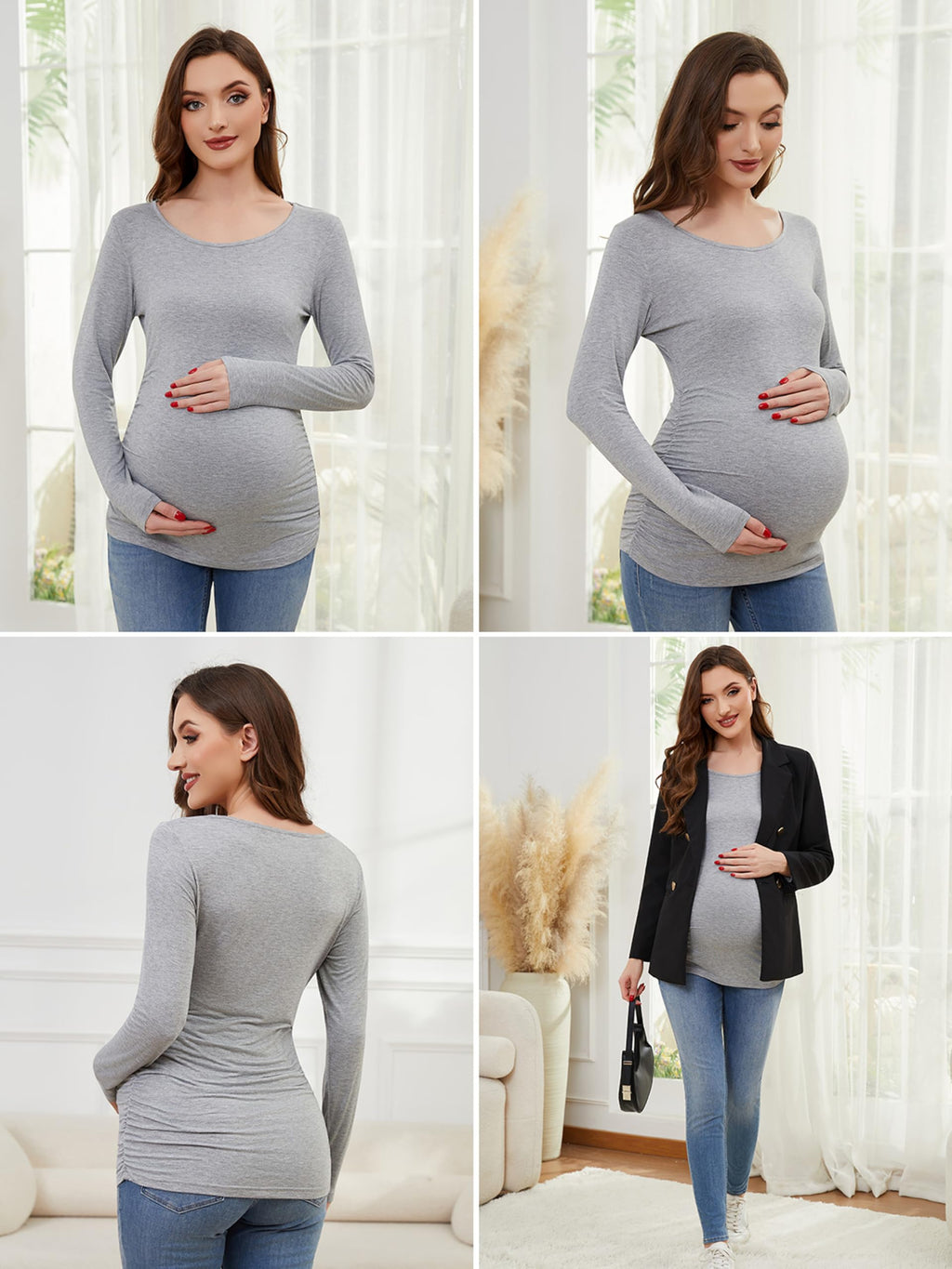 Ecavus Women's 4-Pack Maternity Shirts Long Sleeve Soft Stretchy Pregnancy Tops Side Ruched Casual Mama Clothes