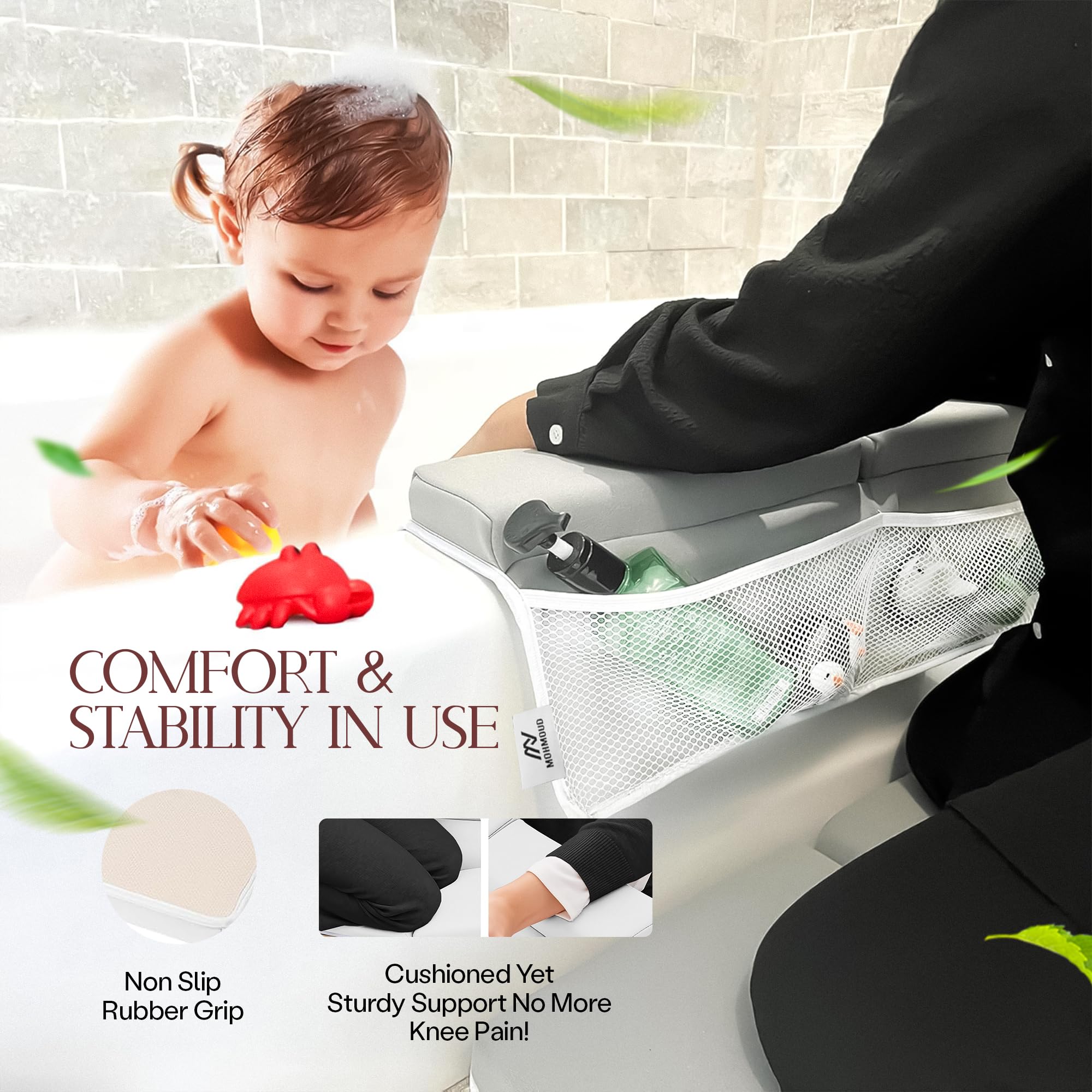 Mohmoud Comfortable Baby Bath Kneeler and Elbow Rest Pad Set — Kneeling Pad for Bathing Baby, Relieves Knee and Elbow Pain, Non-Slip Bathtub Kneeling Pad with Toy Organizer, Bonus Brush and Washcloth