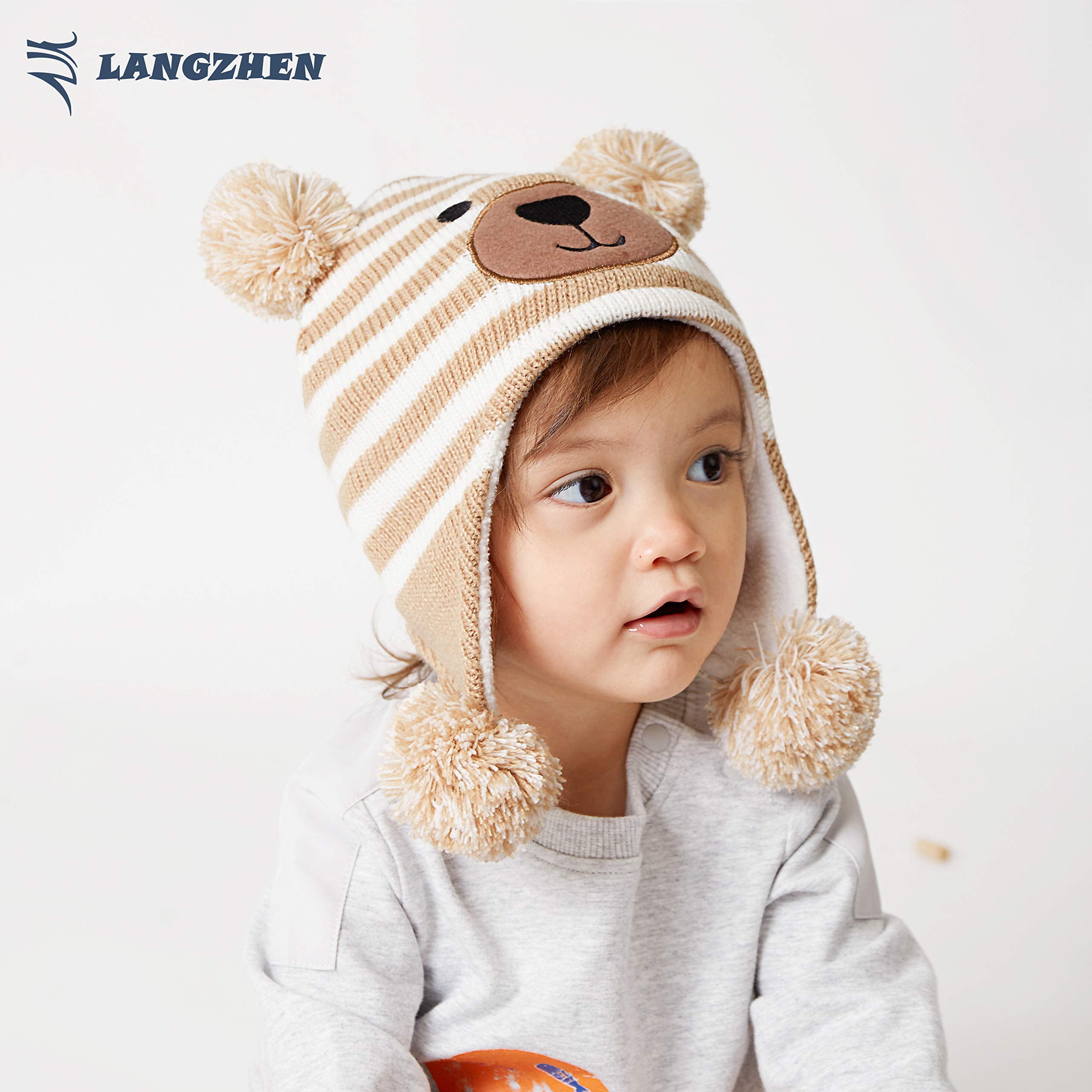 LANGZHEN Toddler Kids Infant Winter Hat,Earflap Knit Warm Cap Fleece Lined Beanie for Baby Boys Girls (Bear -Blue Stripe+Bear -Beige Stripe, 6-12 Months)