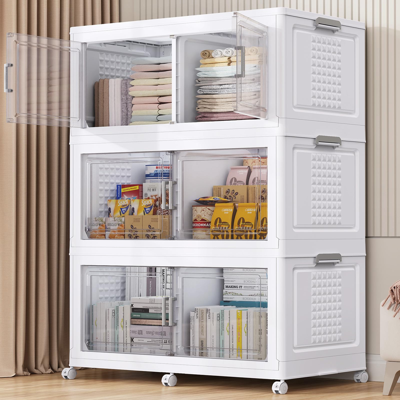 150Gal XL Stackable Storage Bins Foldable Box Cabinet for Home 3Pack White