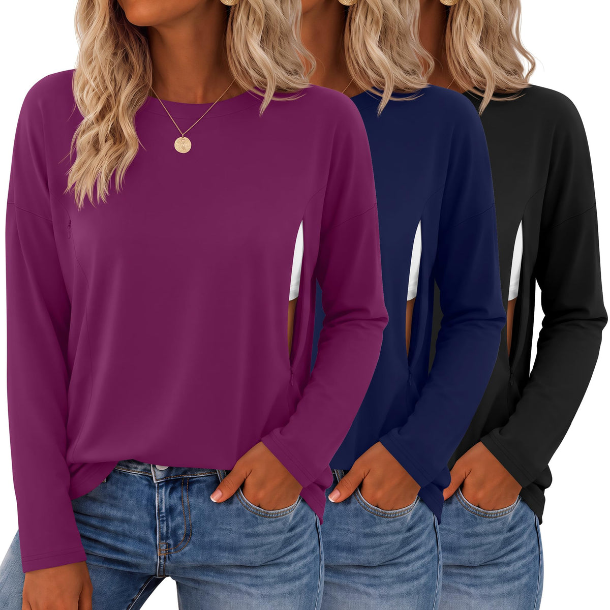 Sweetyweee 3 Pack Nursing Breastfeeding Tops, 3-Color, Medium