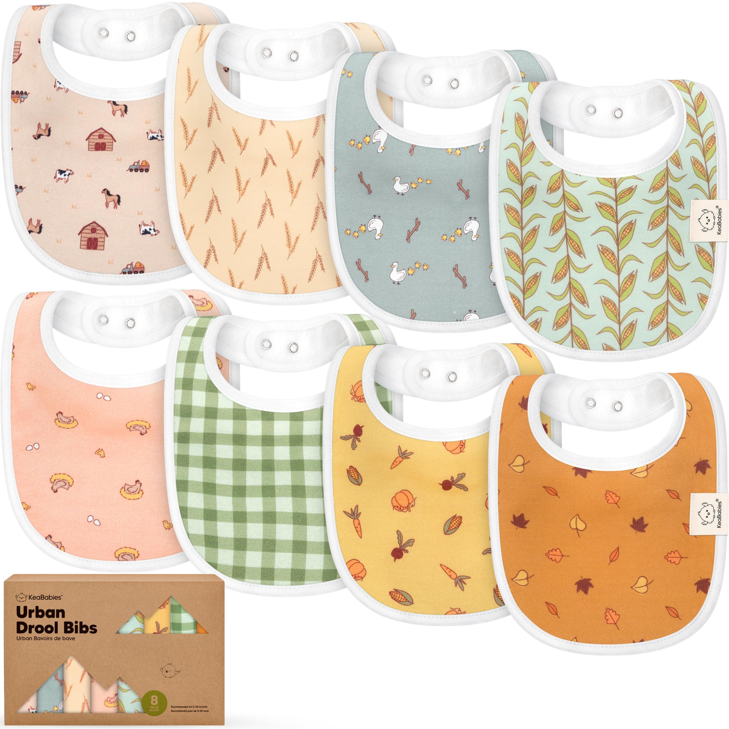 KeaBabies 8-Pack Organic Baby Bibs for Drooling and Teething (Countryside)