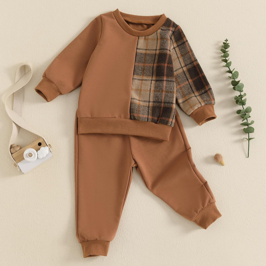 Lucikamy Toddler Baby Boy Fall Outfits Long Sleeve Crew Neck Pullover Sweatshirt + Jogger Pants Set Infant Winter Clothes (Khaki-P, 18-24 Months)