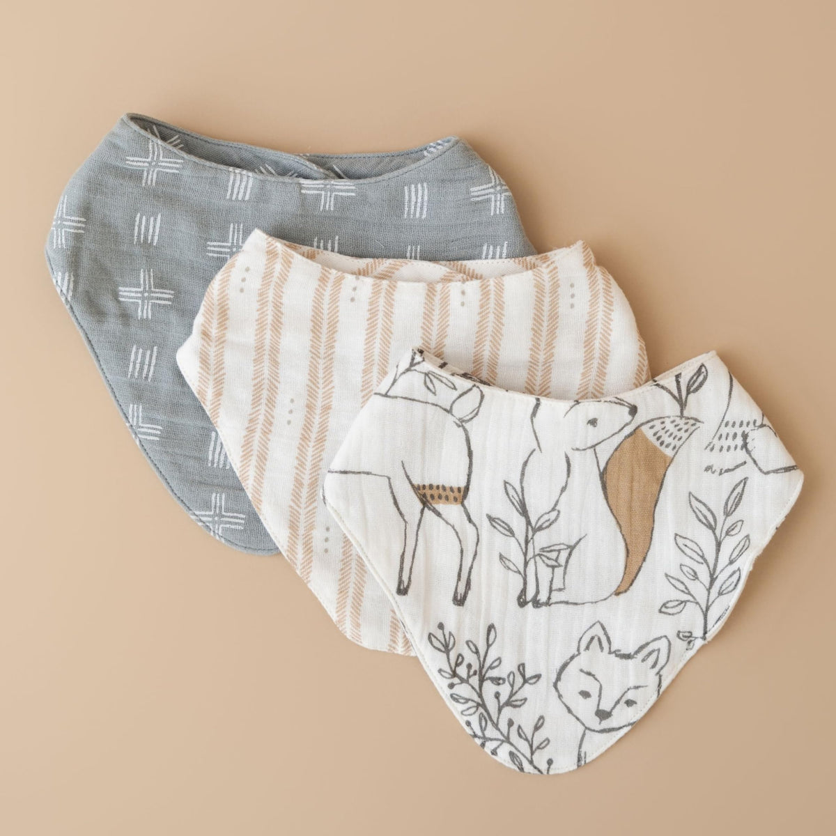 Crane Baby Soft Muslin Baby Bib Set, Adjustable and Absorbent Bandana Style Bibs for Boys and Girls, Woodland Animal, 3 Piece, 18.5” x 9”