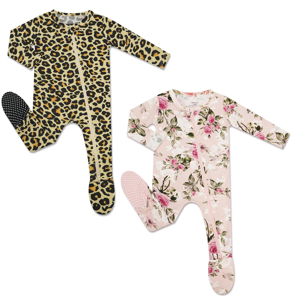 HAPIU Rayon from Bamboo Baby Footed Pajamas, 2 Way Premium Zipper, Footie for Baby Boy Girls, Newborn-24 Months, 2 Pack, Leopard & Grasse Rose, 6-12 Months
