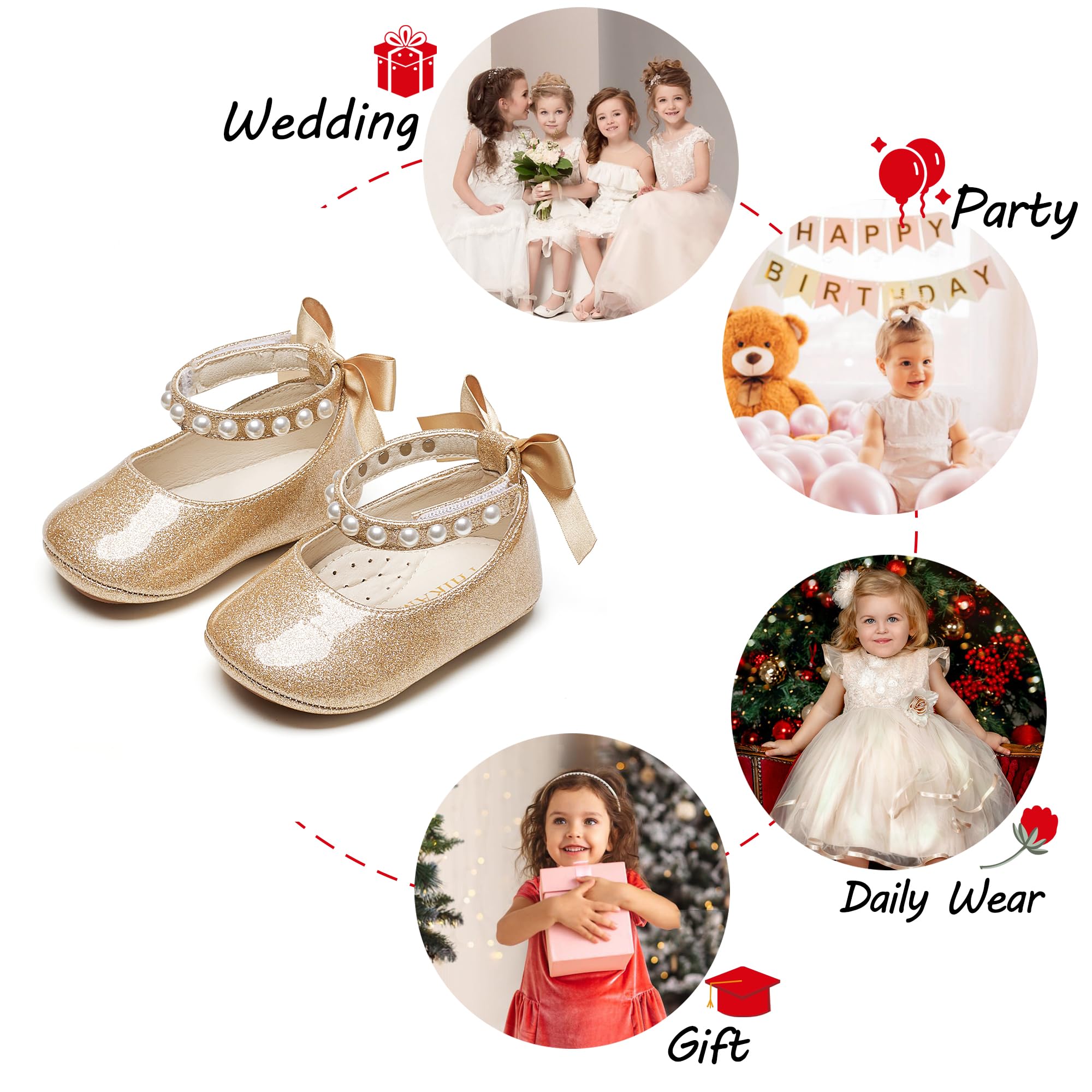 PHIRAMIN Baby Girls Glitter Gold Mary Jane Flats - Infant 6-9 Months Walking Shoes Soft Rubber Sole Princess Wedding