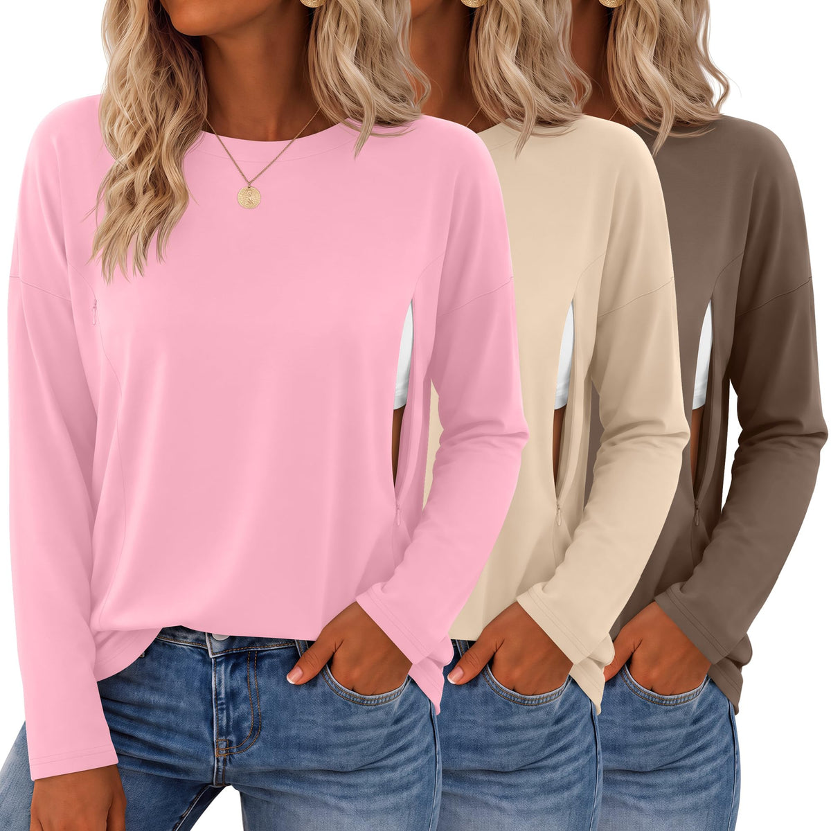 Sweetyweee 3 Pack Nursing Breastfeeding Tops, 3-Color, Medium