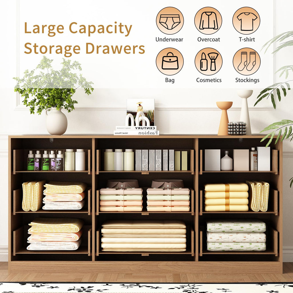 Sscaktu 9 Drawer Fluted Dresser for Bedroom with Deep Drawers, Light Walnut丨63 Wide Wood Dresser, Large Chest of Drawers, Modern Long TV Stand, Storage Cabinet Side Table for Living Room, Hallway