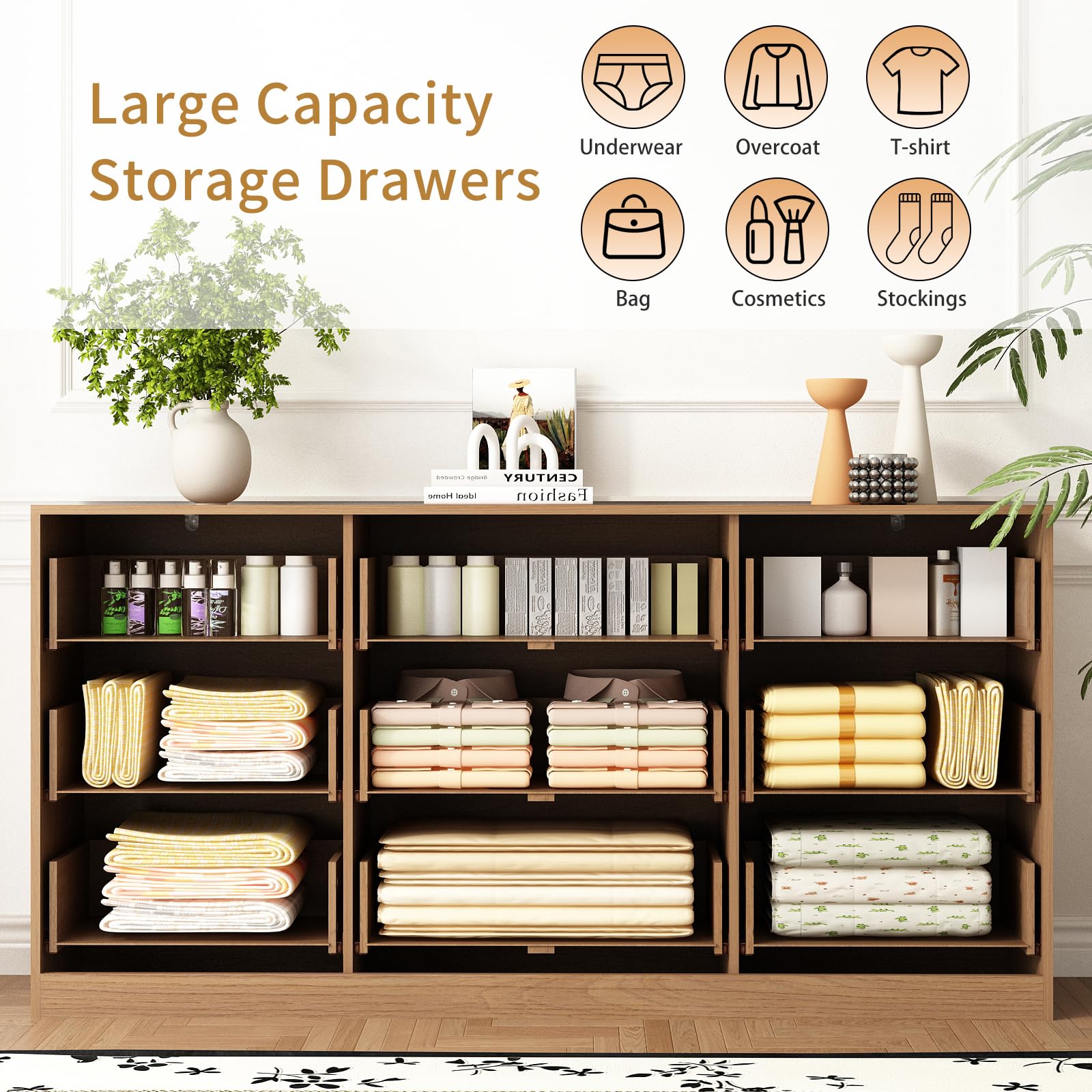 Sscaktu 9 Drawer Fluted Dresser for Bedroom with Deep Drawers, Light Walnut丨63 Wide Wood Dresser, Large Chest of Drawers, Modern Long TV Stand, Storage Cabinet Side Table for Living Room, Hallway