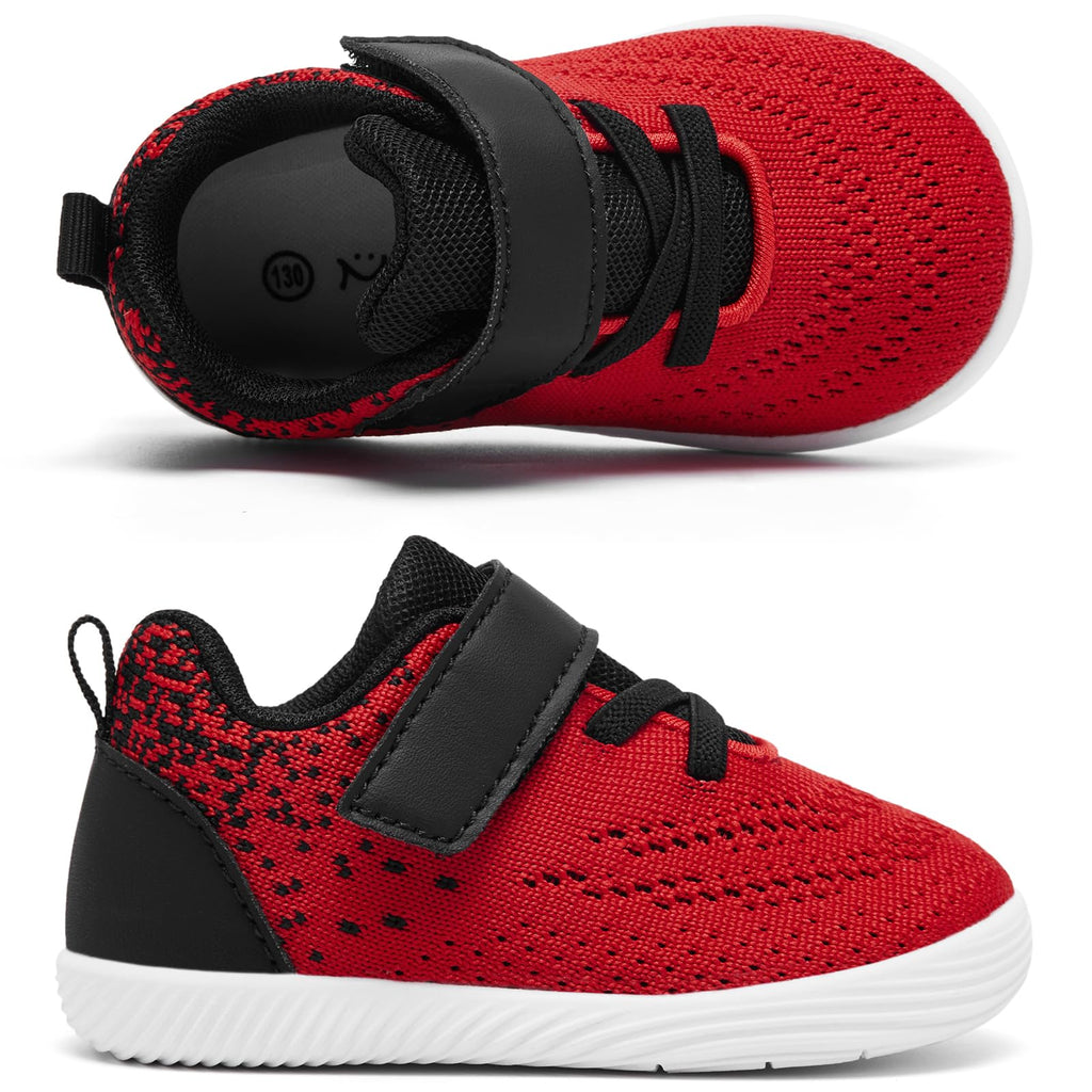 MORENDL Toddler Sneakers Baby Boys & Girls Barefoot Shoes Lightweight Breathable Walking Running Tennis Athletic Sport Shoes Black Red 12-15 Months Size 5
