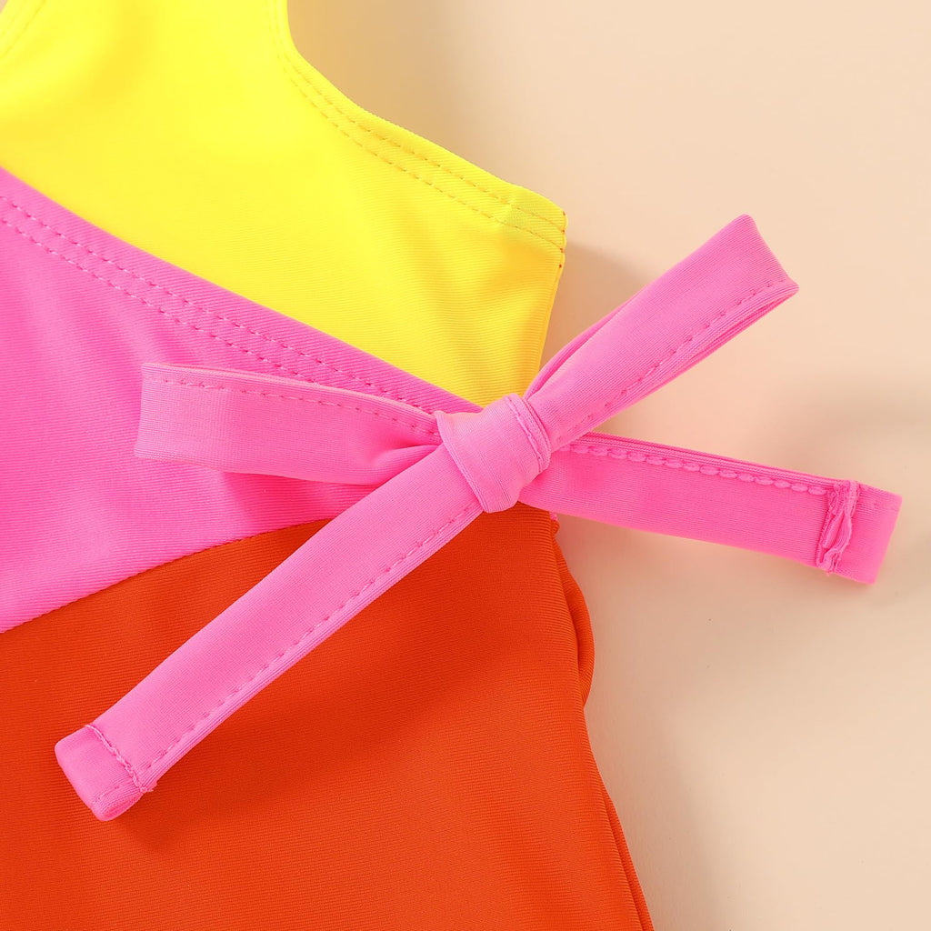 Happy Town Toddler Swimsuit Girl One Piece Bathing Suit Color Block Swimwear Baby Summer Beach Wear(18-24 Months,Yellow Pink Orange)