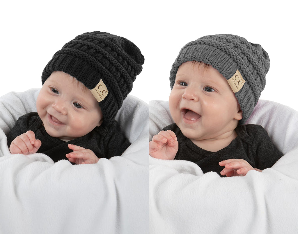 Funky Junque Baby Winter Hat – Cute Newborn Beanie, Infant Girl Hats 0–12 Months, Baby Beanies for Boys & Girls, Cozy Warm Stocking Stuffer Gift: 2 Pack - Black & Heather Grey
