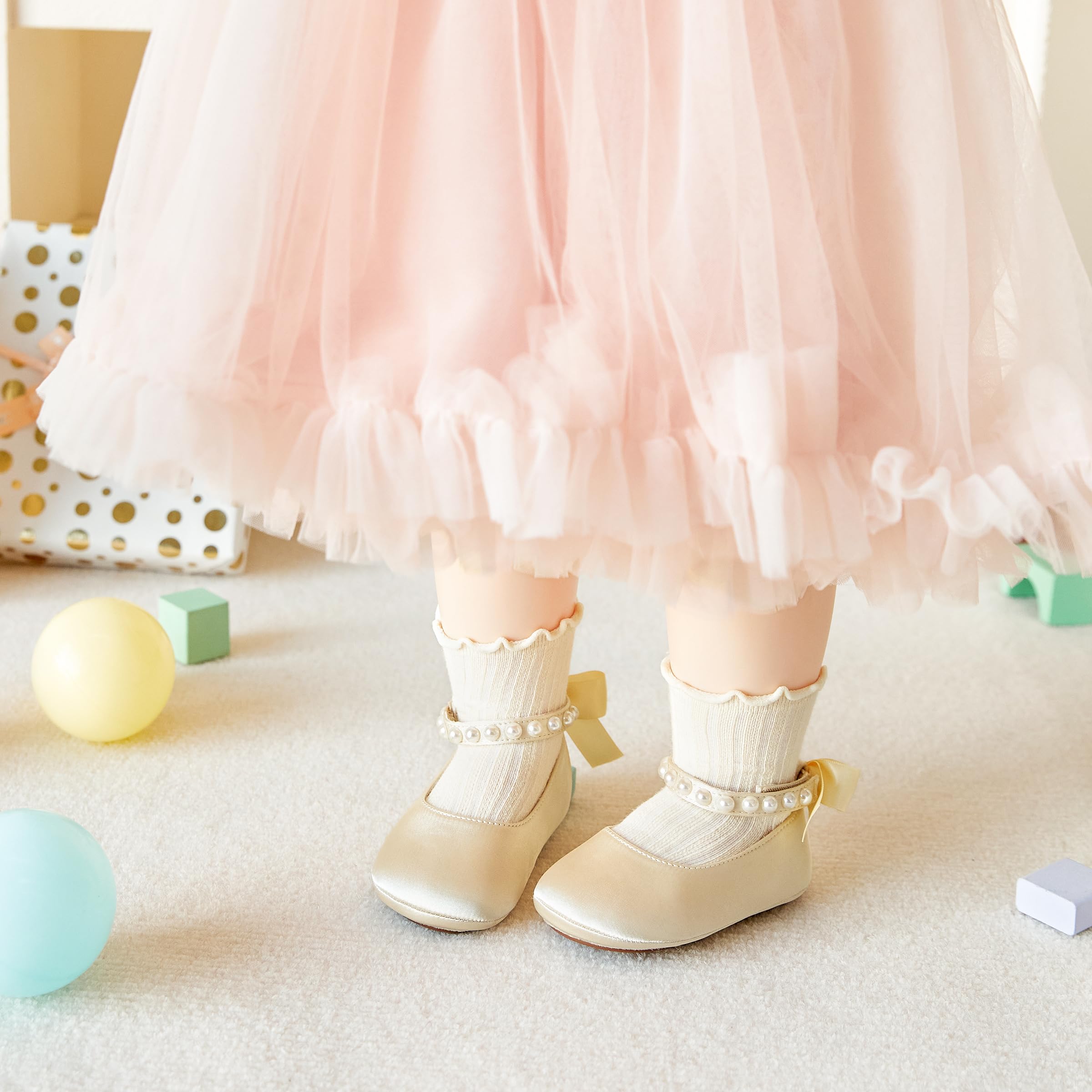 PHIRAMIN Baby Girls Satin Gold Mary Jane Flats - Infant 6-9 Months Walking Shoes Soft Rubber Sole Princess Wedding