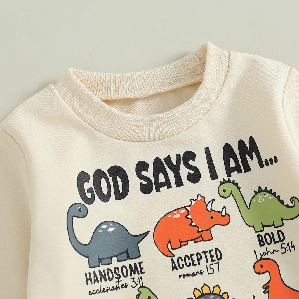 Nyapruwe Toddler Baby Boys Fall Winter Outfits Funny Print Top Pants Set (Beige g-dinosaur, 6-12 Months)