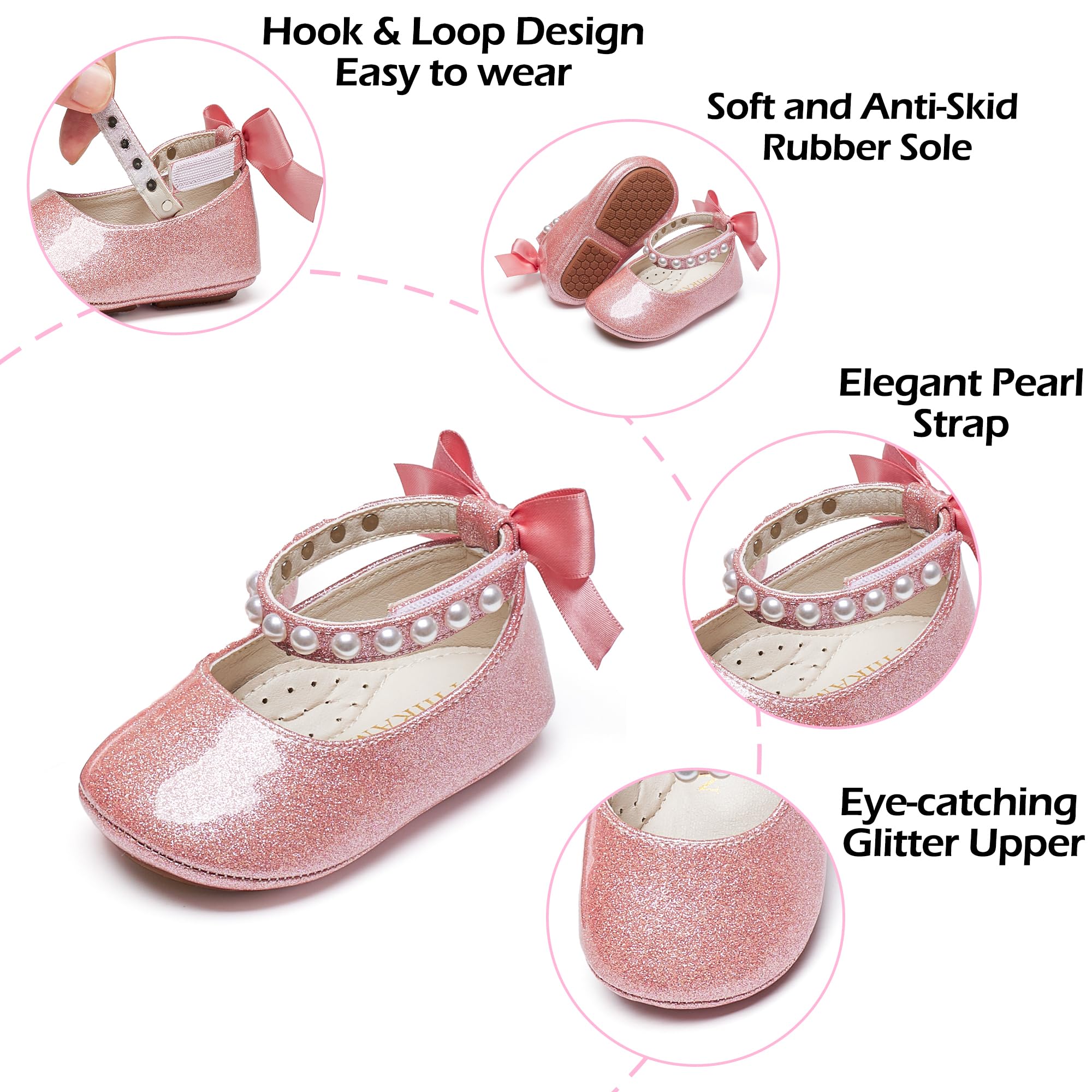 PHIRAMIN Baby Girls Glitter Pink Mary Jane Flats - Infant 18-24 Months Walking Shoes Soft Rubber Sole Princess Wedding