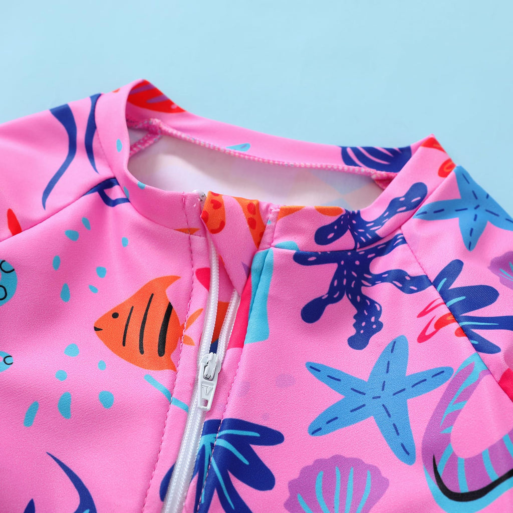 Infant Baby Girl Swimsuit One-Piece Long Sleeve Rash Guard with Hat Set Floral Zipper Bathing Suit Leopard Beach Wear(ROSEO, 0-3 Months)