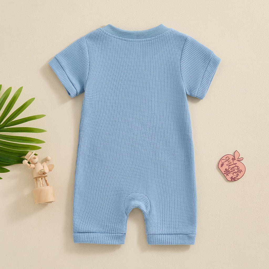 Kuriozud Newborn Baby Boy Girl Clothes Button Solid Short Sleeve Romper Jumpsuit Basic One Piece Outfits Baby Neutral Clothing Waffle Short Sleeve Blue, 6-9 Months