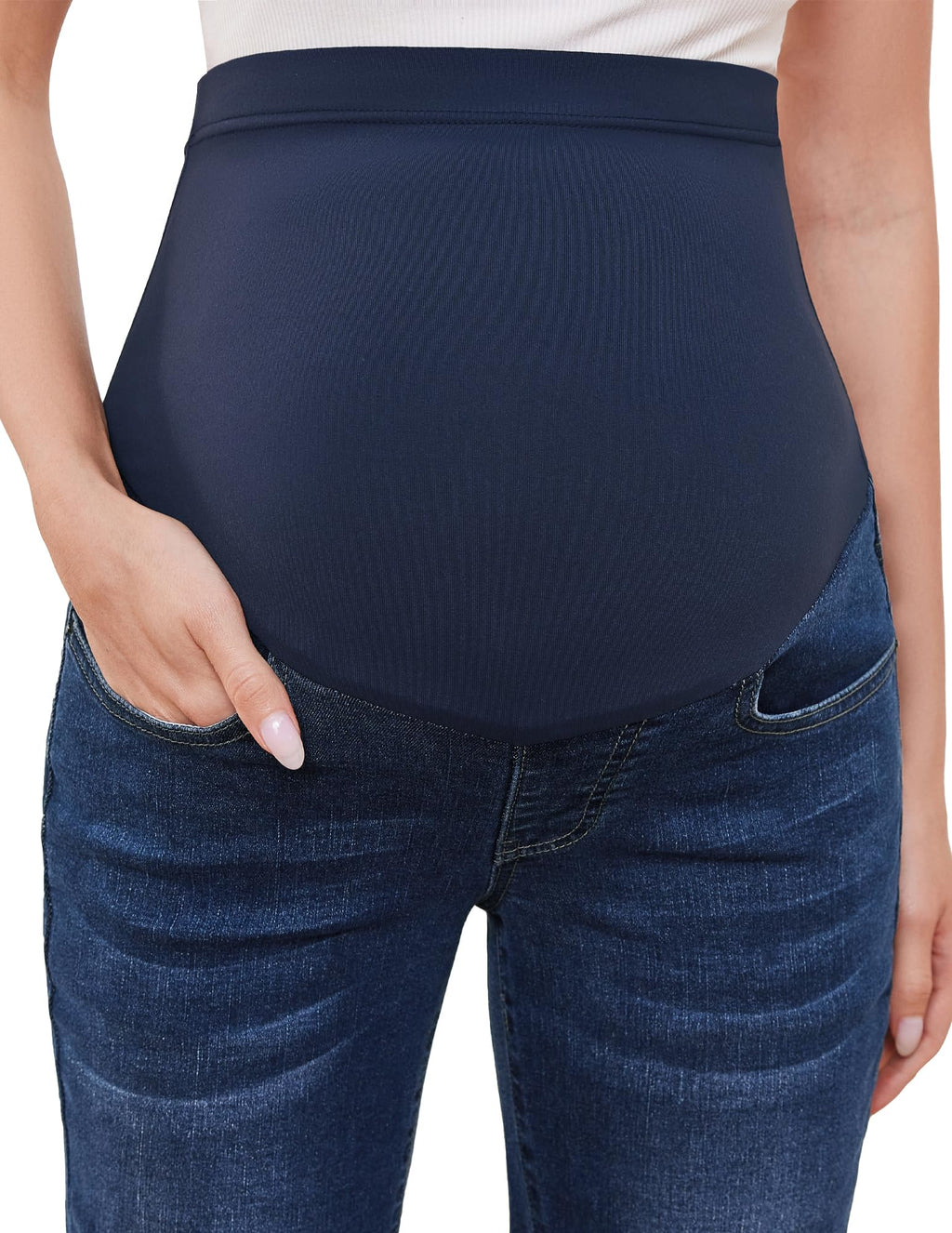 GLAMIX Women's Stretch Maternity Bootcut Jeans with Pockets Over The Belly Bell Bottoms Flare Denim Pants Pregnancy Clothes(Vintage Blue, M)